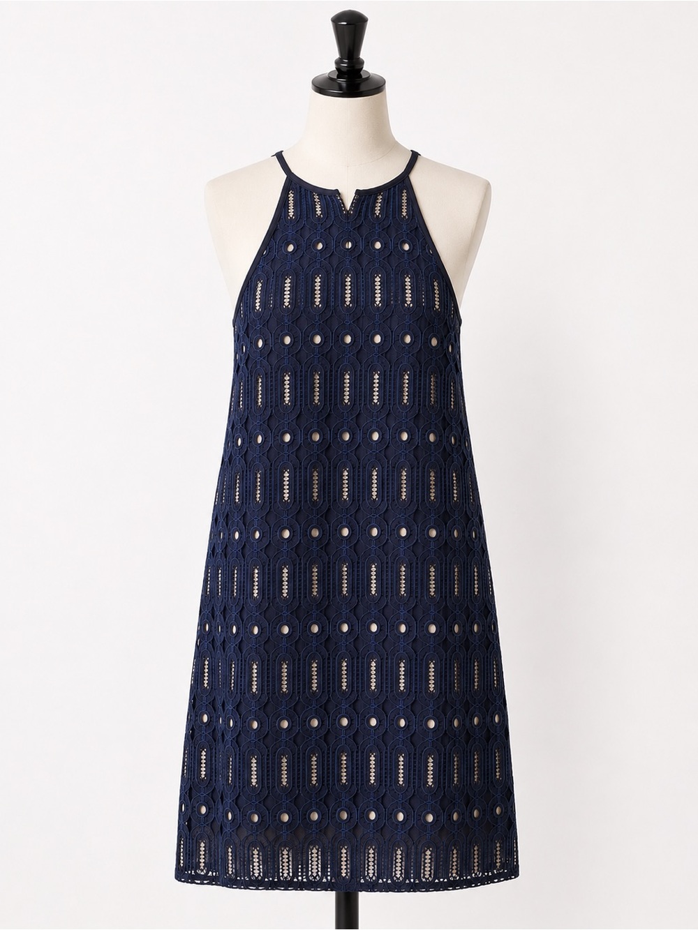 LOFT Navy Crochet A-Line Sleeveless Halter Dress 10